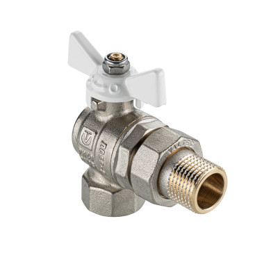 Кран шаровой «BASE-ГОСТ» угловой со сгоном, белой ручкой-бабочкой и внутренней–наружной резьбой VT.228S.NW